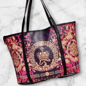 Large faux leather black and pink retro royalty style tote bag